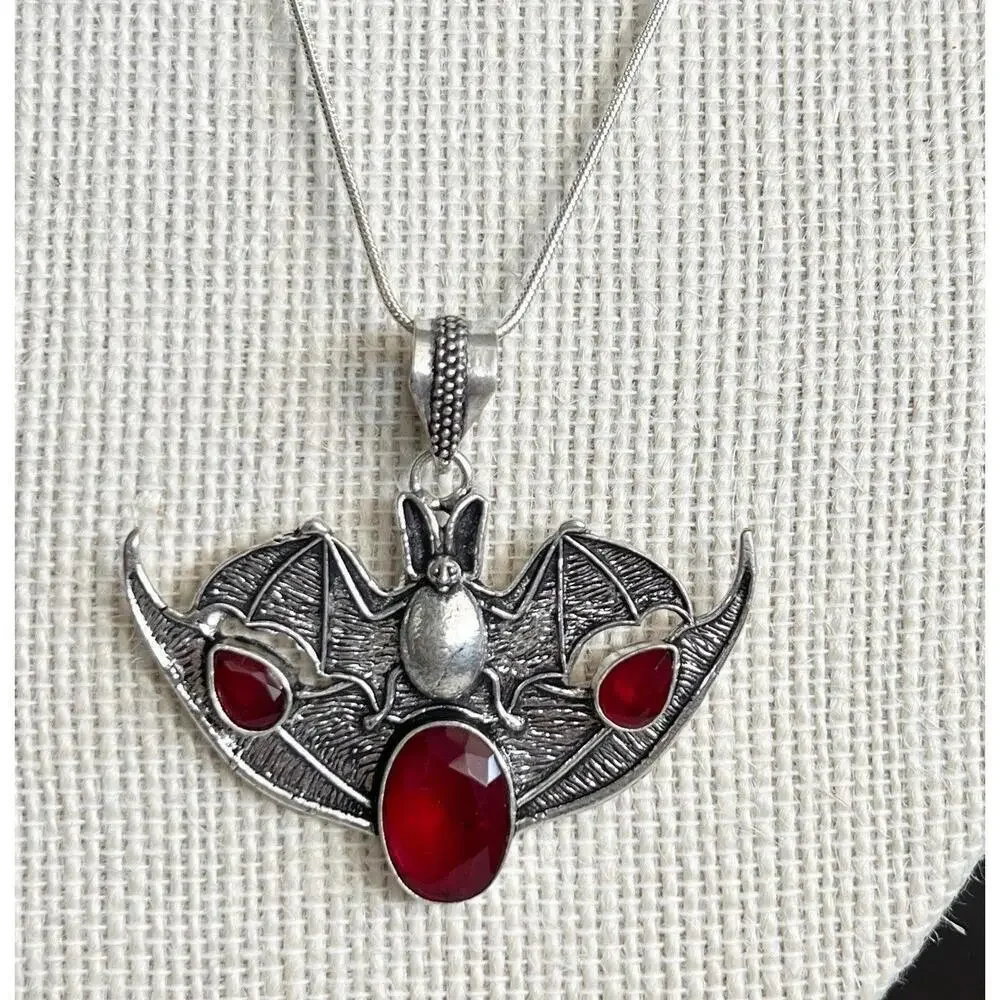 Garnet 925 Sterling Silver BAT Necklace Handmade Gemstone womens Jewelry goth
